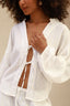 camisa amarração frontal flora branca